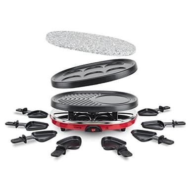 H.Koenig Appareil à raclette Multifonction 8 personnes Professionnel RP412, Pierre naturelle, 6 mini crêpes pancakes, Grill, Raclette fromage fondue, 8 poêlons antiadhésifs