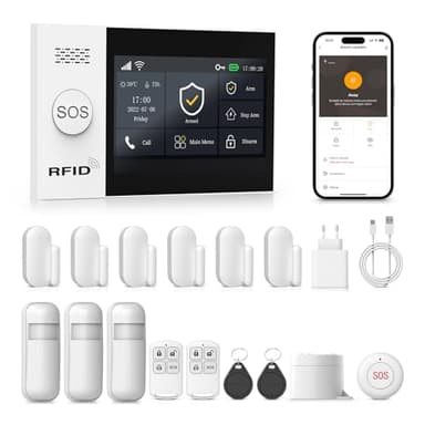 Alarme Maison sans Fil, 2.4G WiFi Systèmes Sécurité pour la Maison avec APP, 16-Pièces Kit Alarme avec 120DB Sirène,pour Camping-Car, Garage, Bureau, Compatible avec Alexa, Google