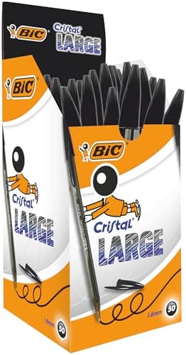 BIC Cristal Large - Stylos-Bille avec Pointe Large (1,6 mm) - Encre Fluide - Couleur Noire, Boîte de 50