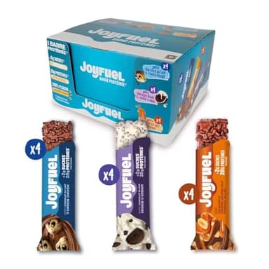 JOYFUEL Coffret panachée de 12 Barres Protéinées de 55gr -Goûts Chocolat au Lait & Cookie Dough- Chocolat Blanc & Cookie & Cream- Chocolat & Cacahuètes & Caramel - <2g de sucre - 20g de protéines -