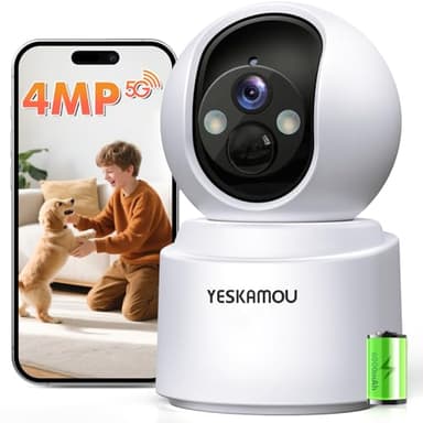 YESKAMOU 2.5K 4MP Camera Surveillance WiFi Interieur sans Fil, 360° Caméra Batterie (2.4G/5G), Vision Nocturne Couleur, Audio Bidirectionnel, Détection de Mouvement, pour de Bébé/Animaux/Domestique