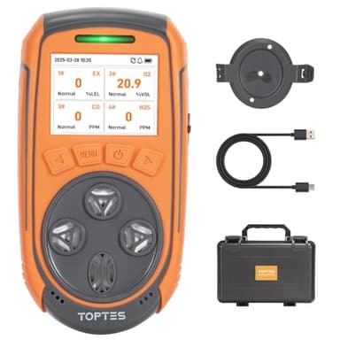 TopTes Guard-863Pro Détecteur De Gaz, Moniteur 4 Gaz pour H2S, CO, LEL Et O2, avec Écran Couleur TFT, Capteur O₂Amélioré (5 Ans), Exportation de Données USB,18h Autonomie, Fiable pour Travail & Maison