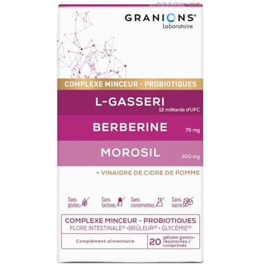 GRANIONS Probiotique Complexe Minceur - Morosil, Berberine, Probiotique Flore Intestinale, Vinaigre de Cidre, Chrome, Lactobacillus Gasseri, Morosil Perte de Poids, Brule graisse Ventre Plat 20 Jours