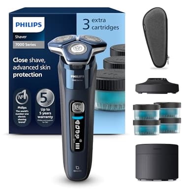 Philips Rasoir électrique Série 7000 pour homme Wet & Dry avec tondeuse rétractable, socle de charge, coffret de voyage et 4 cartouches Quick Clean (modèle S7885/63)