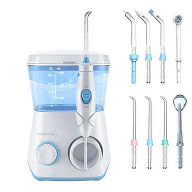 TUREWELL Jet Dentaire Hydropulseur - Avec 8 Buses Multifonctions, 10 Réglages de Pression D'eau, IPX7 Étanche, 600ML Irrigateur Dentaire Pour Les soins Familiaux (Blanc)