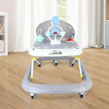 Trotteur Bébé 4 en 1 avec Plateau d'Activités Musical, 4 Hauteurs Réglables, Trotteur Bebe Marche Pliable, De 6 à 18 mois (GRIS, 58x55x65 cm)