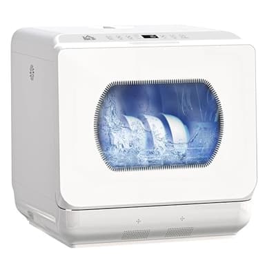 HOMCOM Mini lave-vaisselle 4 couverts, lave-vaisselle de table 5 programmes, double alimentation en eau, lavage des fruits, réservoir d'eau 6L, commande tactile, départ différé, affichage LED, blanc