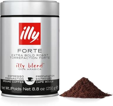 illy, Cafè Moulu pour Espresso Torréfié FORTE, 100% Arabica avec un Arôme Intense de Pain Grillé et un Arrière-goût de Chocolat Noir, Goût Fort, Paquet de 250g