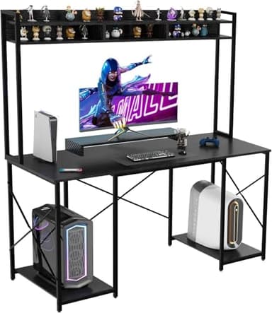 Devoko Bureau Gaming 120 X 60 X 162 cm, Bureau avec Espace de Rangement Table d'ordinateur avec étagère & Support d'écran, Table pc pour Bureau à Domicile, Noir