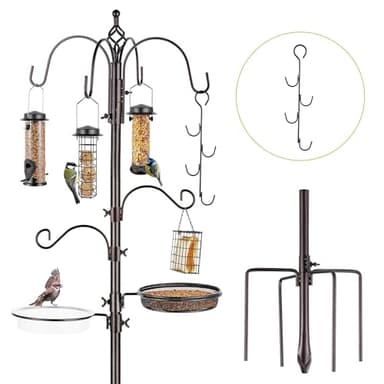 MIXXIDEA Kit de mangeoire à oiseaux – Mât de mangeoire à oiseaux de 238 cm avec base à 5 griffes, support multifonction pour l'extérieur, avec 7 crochets, 5 mangeoires, 1 plateau de bain, facile à
