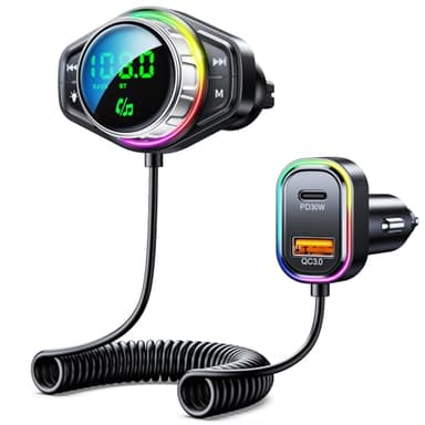 ISEYOU Transmetteur FM Bluetooth 5.3, 【Basse & HiFi Musique】 Adaptateur Bluetooth Voiture, 【30W PD & 18W QC】 Allume Cigare Chargeur Rapide, Appels Mains Libres, Anneau Lumineux Coloré RGB