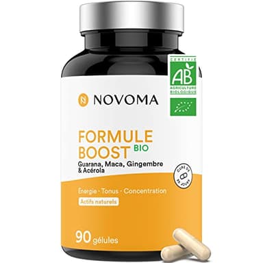 NOVOMA Formule Boost Bio, Complément Alimentaire pour Booster l'Énergie, Avec Guarana, Acérola, Maca & Gingembre, Riche en Caféine et Vitamine C Naturelle, 90 Gélules Vegan, Fabriqué en France