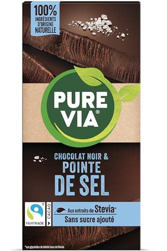 Pure Via Tablette Chocolat Noir & Pointe de Sel à la stevia, sans sucre ajouté, Équitable 100g