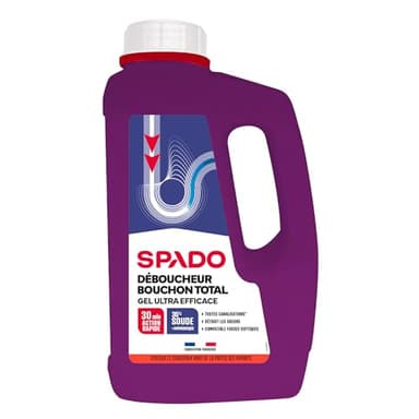 SPADO - Déboucher Gel - Bouchon total eau stagnante - Compatible fosses septiques- Détruit les odeurs - soude minérale concentrée 30% - action dès 15min - 1 L -