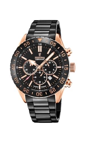 Festina Montre Homme Analogique en Acier Inoxydable Céramique Noir - Mouvement Quartz - Chronographe - Calendrier - Verre Saphir Haute Résistance - Étanche 10 ATM F20578/1 Ceramic