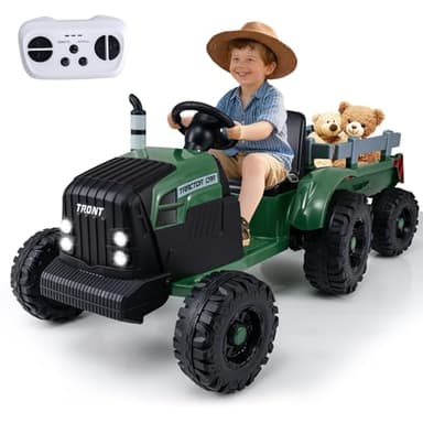 GOPLUS Voiture Electrique Enfants 24V, Tracteur Électrique Enfants Télécommandé avec Remorque Amovible 2 Modes de Conduite, Feux, Musique & Klaxon,3,2-6 km/h,Charge 35KG,3-8 Ans (Vert,152x66x59CM)