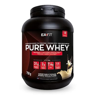 EAFIT – WHEY PROTEIN – Vanille Intense – 31 g de Proteine Whey – BCAA – Shaker Proteine – Pre Workout, Musculation – Protéines Whey – 750 g