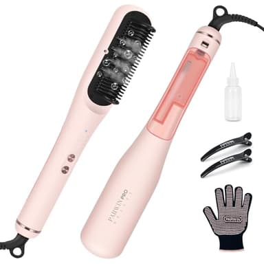 Brosse Lissante à Vapeur Pro, PARWIN PRO BEAUTY 3-en-1, Affichage LED, Ions & Vapeur pour Soin Double, Réduit les Dommages, 4 Réglages de Température – Rose