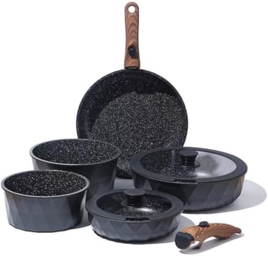 Royal Swiss® Batterie de Cuisine 9 Pièces Induction – Poêles & Casseroles avec Poignées Amovibles – Revêtement Antiadhésif Effet Granit Sans PFAS – Couvercles Verre – Tous Feux