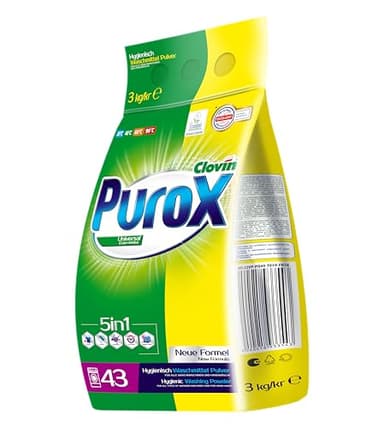 PUROX UNIVERSAL Lessive en Poudre (43 Lavages) – pour Tous Textiles, Élimine les Taches, Formule Optimisée, Anti-Calcaire, Sac 3 kg