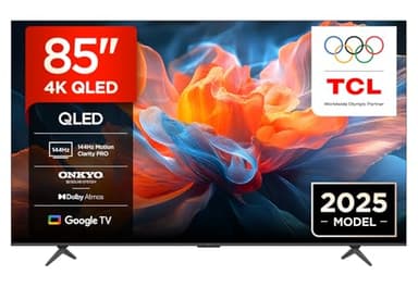 TCL 85T8C 85" QLED 4K HDR Ultra HD TV, Smart TV Powered by Google TV (Dolby Vision & Atmos, 144Hz Motion Clarity Pro, FreeSync, Onkyo 2.1 Sound, Voice Control)
