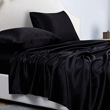 Jemiipee Parure de Lit Satin Couleur Unie Drap Housse - 180x200 cm 2 Personnes avec Grand Bonnet de 36 cm - Ensemble 4 Pièces - Drap Housse, Drap Plat et 2 Taie d'oreiller, Noir