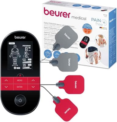 Beurer EM 59 Électrostimulateur musculaire TENS/EMS, 4-en-1 pour la thérapie de la douleur, la stimulation musculaire, le massage et la, Noir thermothérapie, avec 4 électrodes et batterie