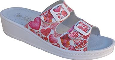 Sanital Light - Mule en Cuir pour Femme | Semelle Intérieure Anatomique | Anti-Shock | Légèreté Optimale | Confort Quotidien | Compensée 4 cm, Coeurs Rouges, Taille 37, Cuir