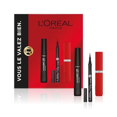 L'Oréal Paris - Coffret Cadeau - Mascara Telescopic Lift Noir, Eyeliner Felt Tip, Rouge à Lèvres Infaillible Matte Resistance Rouge - Tailles Réelles