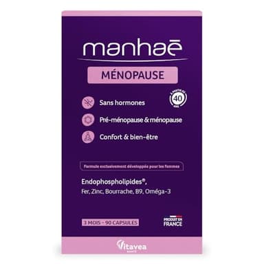 Vitavea Manhaé - Ménopause - Complément alimentaire sans hormones - Confort & bien-être pendant la menopause - Acide folique, Oméga 3, Zinc, Fer - 90 capsules - 3 mois - Fabriqué en France