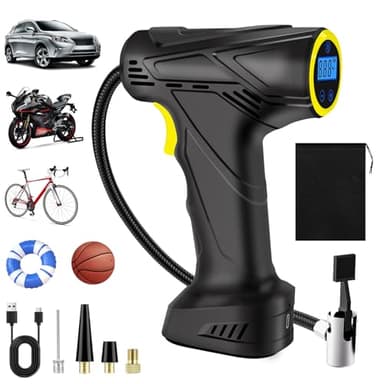 HUIYOPU Compresseur d'air sans fil, 150 psi, 12 V, portable, pompe de pneu de voiture 6000 mAh, arrêt automatique, pompe à pneu numérique avec lumière LED et 4 buses pour voiture, moto, vélo