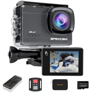 Action Cam 4K Étanche 60FPS avec Stabilisation EIS et Écran Tactile, Caméra Sport 64MP WiFi, Carte SD 128GB Incluse, 2 Batteries 1350mAh et Étui Portable – Pour Plongée, Cyclisme, Ski, Aventure