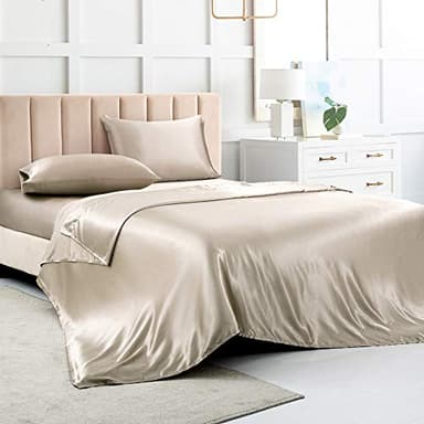 Luxbedding Parure de lit Douce 4 pièces en Satin de Couleur Taupe, avec 1 Drap-Housse à Poche Profonde, 1 Drap Plat, 2 taies d'oreiller