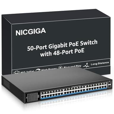NICGIGA 48 Port Gigabit PoE Switch Unmanaged with 48 Port IEEE802.3af/at PoE+@400W, 2 x 1G SFP, 50 Port Network Power Over Ethernet Switch, Desktop/Rackmount