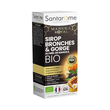 Santarome Bio - Sirop Bronches & Gorge, Miel de Manuka Bio | Complément Alimentaire Immunité | Confort Respiratoire & Apaise la Gorge | 125 Ml | France