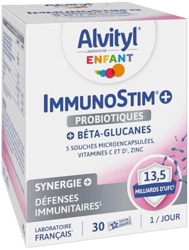 Alvityl - Immunostim + sachet, goût vanille - Probiotiques, Bêta-glucanes, Fibres, Vitamine C et D, Zinc - Dès 3 ans - 30 sticks