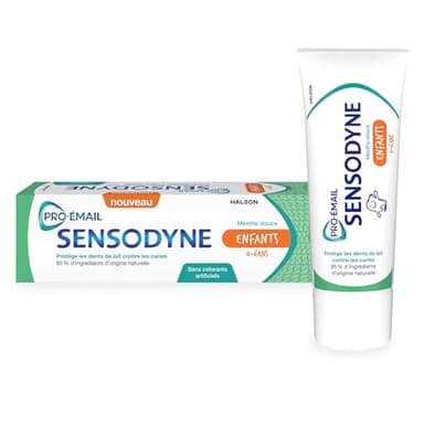 SENSODYNE - Dentifrice Enfant Pro-Email - 0/6 Ans - Protège Les Dents de Lait Contre les Caries - Fortifie L'Email En Douceur - 95 % Ingrédients Origine Naturelle - Goût Menthe Douce - 75 ml