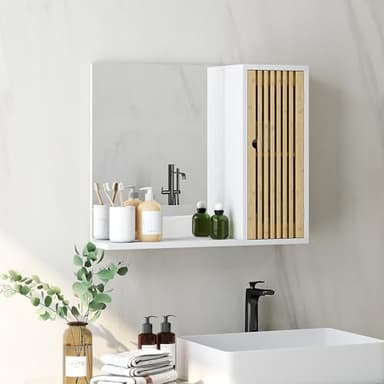 HOMCOM Armoire de Salle de Bain avec Miroir, Miroir de Salle de Bain avec étagère, Porte à Lattes en Bambou et étagère réglable, 60 x 14 x 50 cm, Blanc