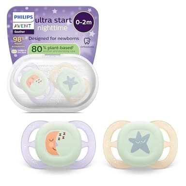 Philips Avent Sucettes de nuit ultra start, Tétines orthodontiques, pour nouveau-nés, phosphorescentes, en silicone souple d'origine végétale, sans BPA, avec étui de stérilisation, lot de 2, SCF075/17