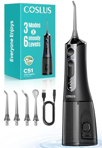 COSLUS Jet Dentaire Hydropulseur Irrigateur Oral: 3 Modes & 18Niveaux, Pic Dentaire Eau pour Orthodontie, Appareil Dentaire, Gencives Sensibles, Compact pour Voyage, Usage Familial,Noir Brillant,C51