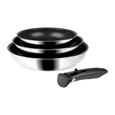 Sitram 714269 Lot de 3 Poêles Inox Ø 20/24/28 cm Revêtement intérieur aspect Pierre anti-adhésif sans PFOA + manche amovible - Tous feux dont induction, Argenté