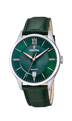Festina Montre Homme Analogique en Cuir Vert - Mouvement Quartz - Calendrier - Verre Minéral Haute Résistance - Étanche 5 ATM - Élégante et Classique F20426/7