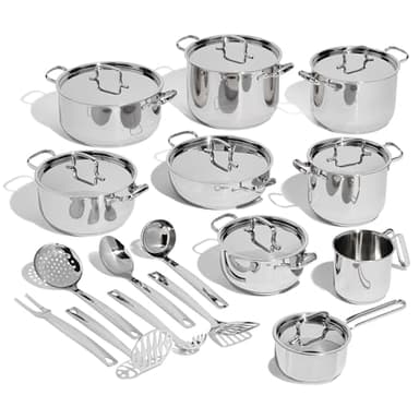 Lagostina Sfiziosa Batterie Cuisine en Acier Inox 18/10, Induction, Gaz et Four, 24 Pièces, Fond Lagoseal Plus, 6 Marmites, 1 Faitouts, 1 Casserole, 1 Pot à Lait, 8 Couvercles, 7 Ustensiles