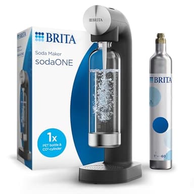 BRITA Machine à eau pétillante sodaONE noire - inclus 1x bouteille en PET (1L) et 1x cylindre de CO2 pour gazéifier votre eau à la maison