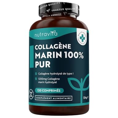 Collagene Marin Hydrolysé 1200mg de Type 1-120 Comprimés de Collagène Marin pour 2 Mois, Peptides de Collagène Hydrolysé - Marine Collagen de Nutravita