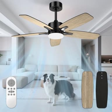 Mefine Silencieux Ventilateur Plafond avec Lumiere et Telecommande, 106cm Dimmable Lampe Ventilateur Plafond LED avec 5 Pales Doubles, Noir/Effet Bois pour Chambre, Salon, Minuterie, 6 Vitesses