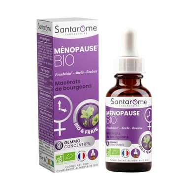 Santarome Bio - Ménopause Bio - Macérat de bourgeons - Complément Alimentaire Ménopause - Gémmothérapie - Framboisier, Airelle, Bouleau - Flacon 30 ml - France