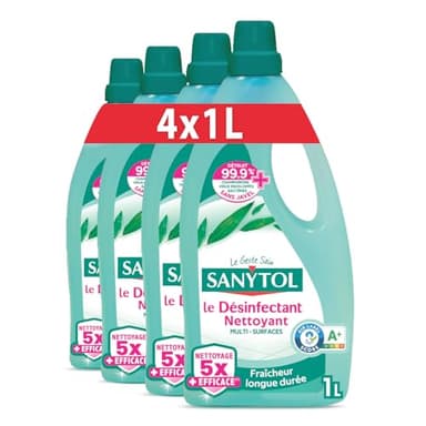 Sanytol - Désinfectant Nettoyant Multi-Surfaces - Parfum Eucalyptus – 1L - Lot de 4 - Sans Javel, Air Label Score A+ - Nouvelle formule 5X plus nettoyante – Fraîcheur longue durée