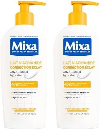 Mixa - Lait Niacinamide Correction Éclat pour Peau Sèche et Terne - Enrichi en Beurre de Karité, Niacinamide et Vitamine C - Corrige les Irrégularités de Textures et de Teint - 250 ml (Lot de 2)