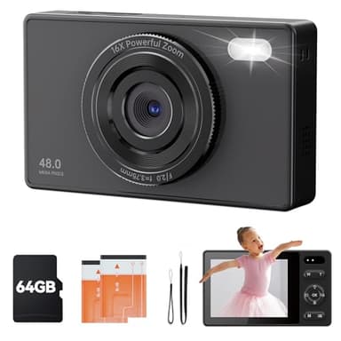 64Go Appareil Photo NuméRique Enfant: 16X Zoom 48MP Numerique Compact Autofocus - 1080P Camera Vlog Digital avec 2 Batteries pour Fille Adolescents DéButants Adultes